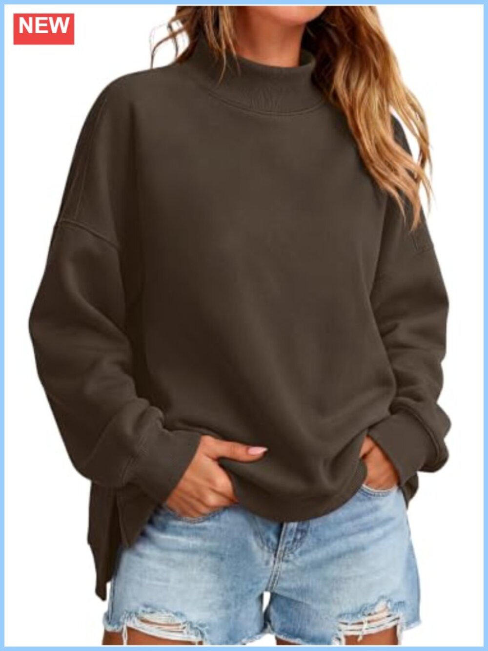 Mock Neck Oversized Sweatshirt Pullover Side Split Hem Fall Winter